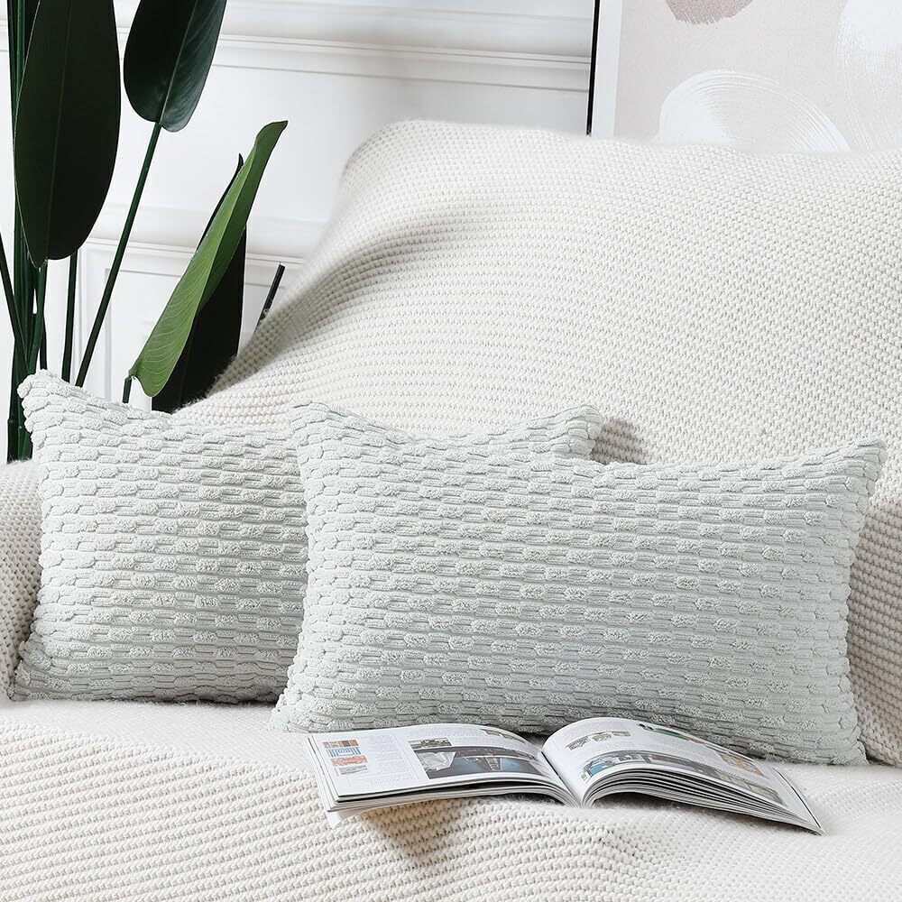 1196 Pack of 2 Boho Corduroy Striped Throw Pillow Covers 12x20 Inch Greyish